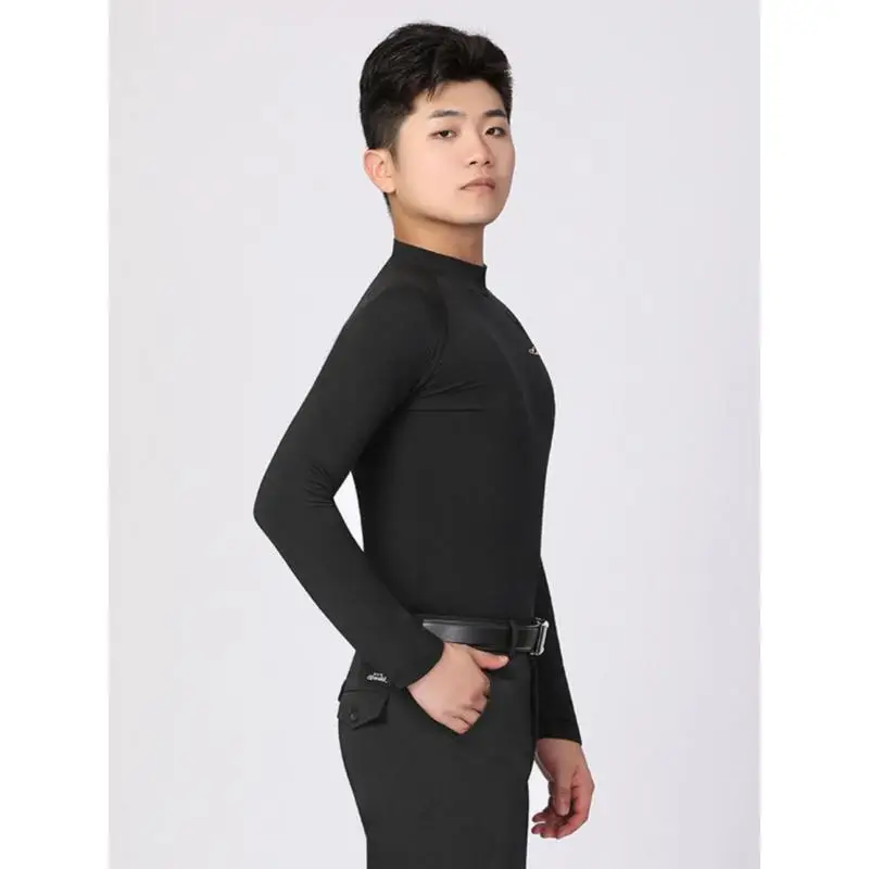 2026 Men's Long Sleeve Top New Modern Dance Practice Clothes Black High Collar Waltz Clothing Dance Clothes