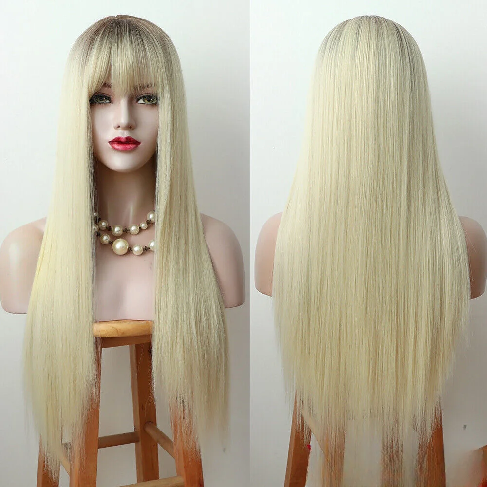 

Long Full Ombre Brown Blonde Straight Synthetic Natural Hair Wigs with Bangs