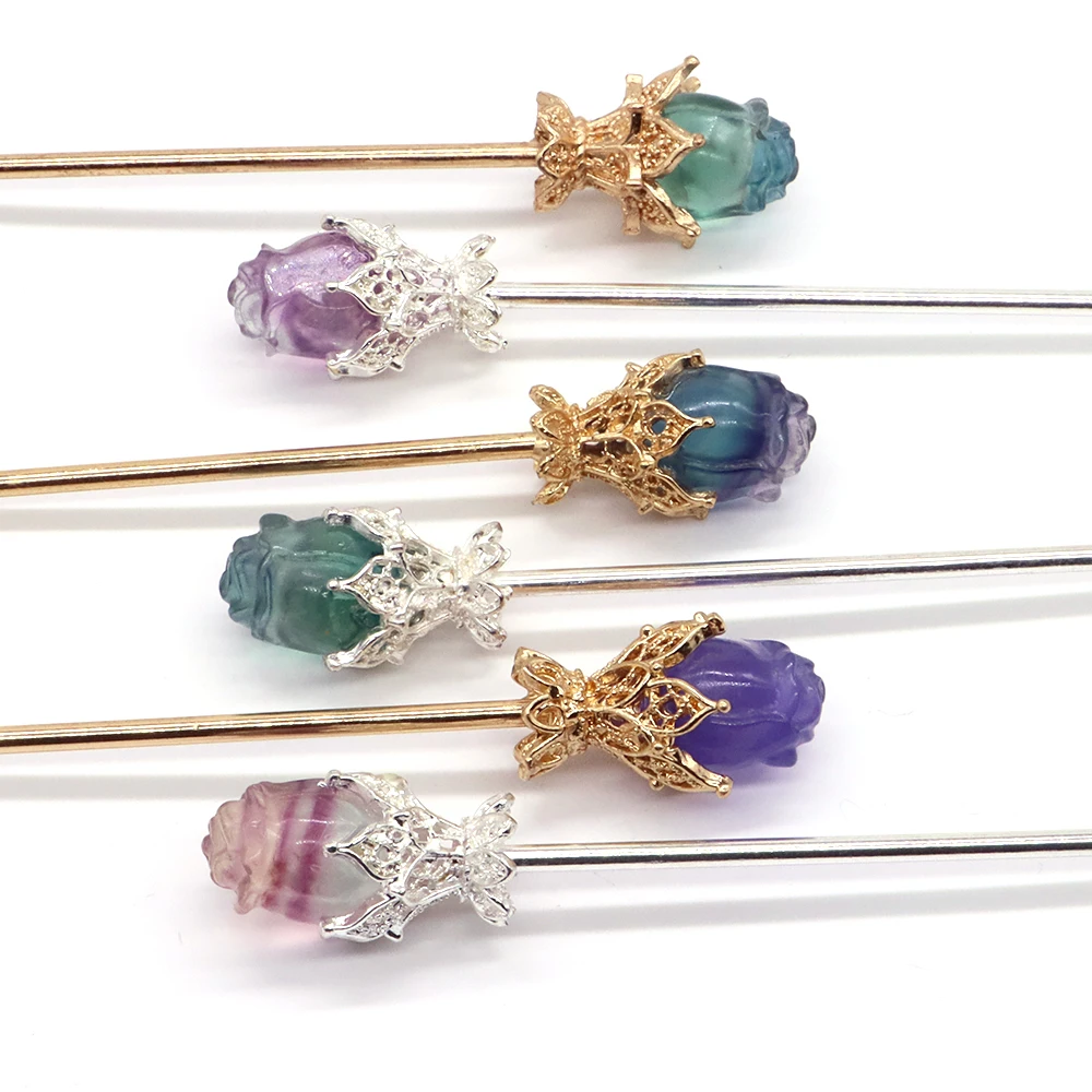 Exquisite Rose Vintage Hair Sticks Hairwear Natural Fluorite Crystals Flower Carving Gem Hairpin Disk Hairsticks Headdress Gifts