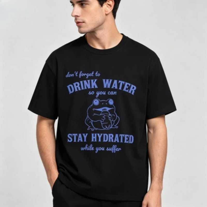 Men Casual Cotton T Shirt Don't Forget To Drink Water Stay Hydrated Retro Frog Print Streetwear Mens Summer Top