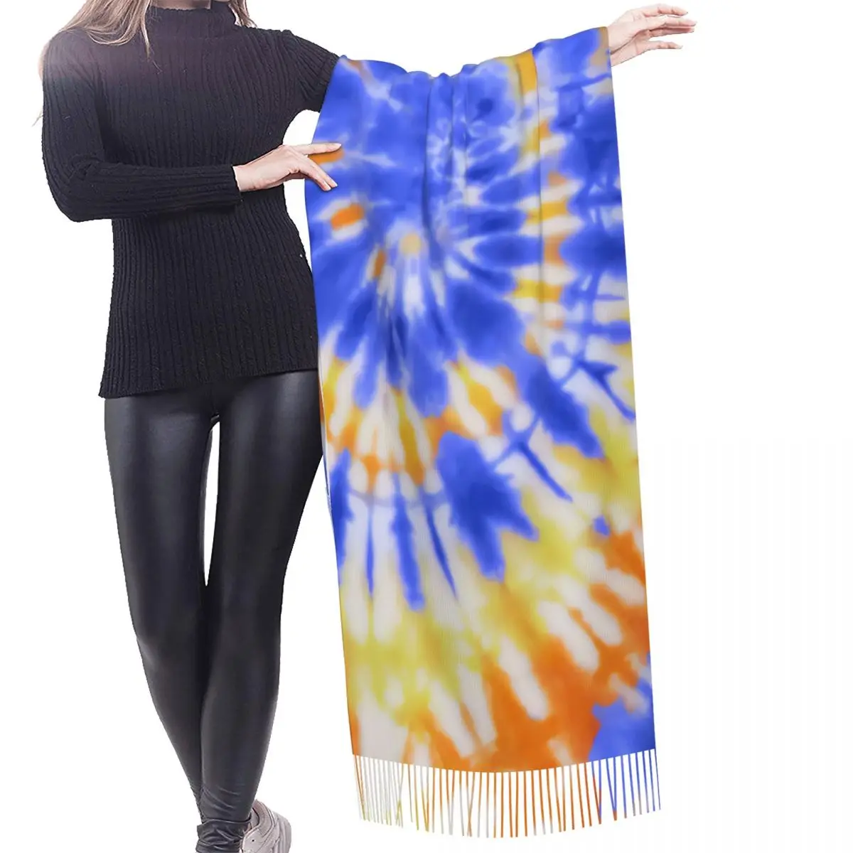 Custom Stylish Tie Dye Blue Orange And Yellow Tassel Scarf Women Winter Warm Shawl Wrap Female Traditional Dyeing Art   Scarves