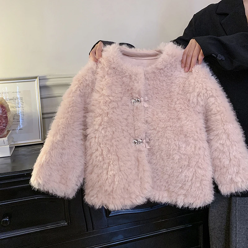 

2025 kids Clothes Korean Style Autumn And Winter Fur Coat For 3-8Y Baby Girl Pink Children's Clothing Warm And Thick Costumes