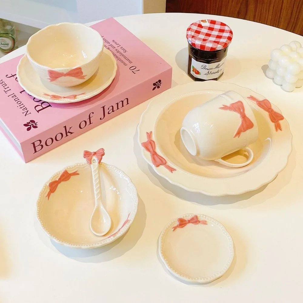 

Pink Bow Ceramic Cutlery Set, Dessert Home Tableware Rice Bowl Yogurt Cup High Value Breakfast Plate Drinkware