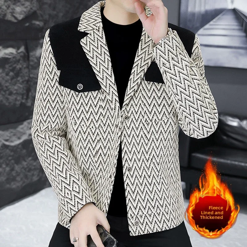 

Thiened Fce Winter Jaet Men's Suit Collar Woolen Coat Cotton Clothes Long Sve ort Sle Polyester Fiber