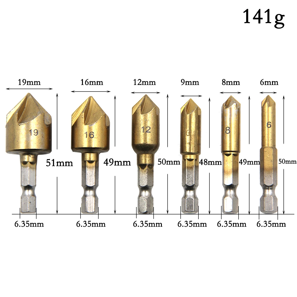 1/4 "Hex 6 Buah 12Mm 16Mm 19Mm Manik Bor Countersink Pendeburan Chamfering 5 Flute 82 Derajat Set untuk Bit Countersink Perubahan Cepat Kayu