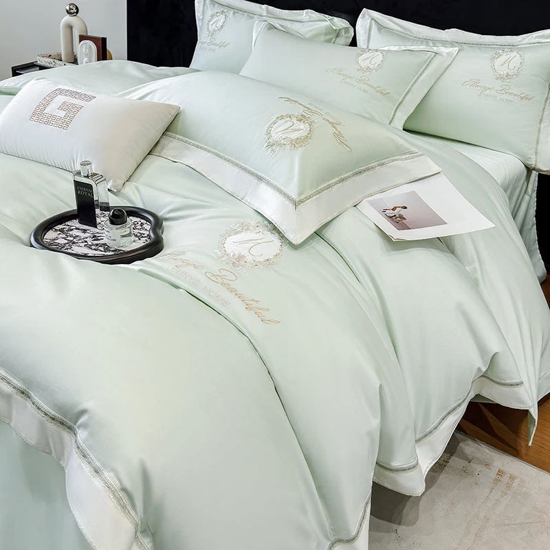 

Комплект постельного белья с вышивкой цветами, роскошный, 4 предмета, зеленый, из египетского хлопка, пододеяльник, простыни, наволочки, однотонный, домашний текстиль