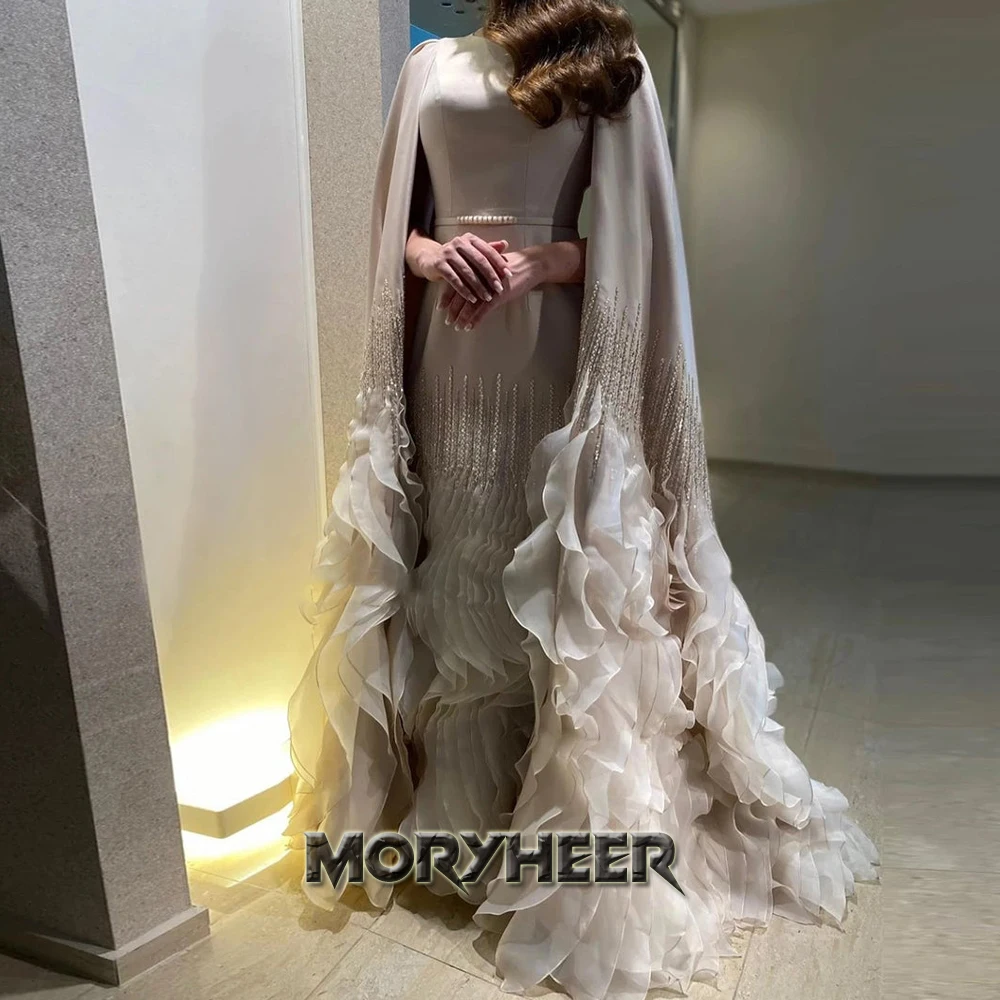 MORYHEER Fashionable Cape Prom Dress Belt Ruffles Crystals Satin O-neck Formal Evening Vestidos De Festa Customized Plus Size