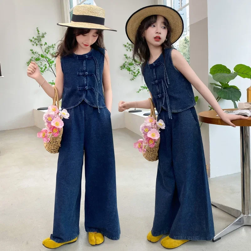 2024 Korean Summer Junior Girl Denim 2PCS Clothes Set Children Girl Single-breasted Vest+Wide-leg Pants Girl Kids Clothing Set