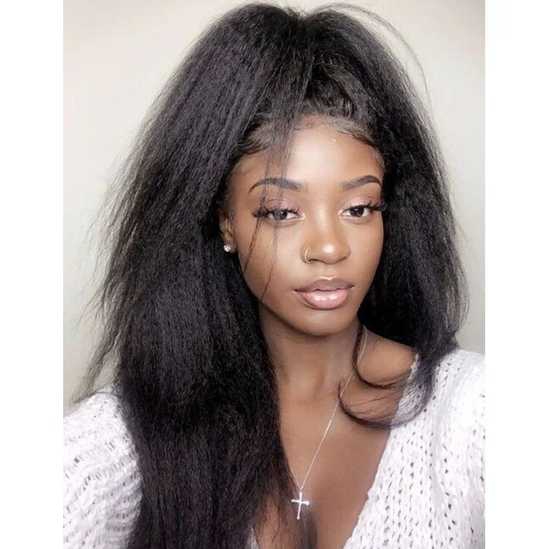 Black Long Yaki Lace Front Wig Black Yaki Straight Glueless Wigs Heat Safe Soft