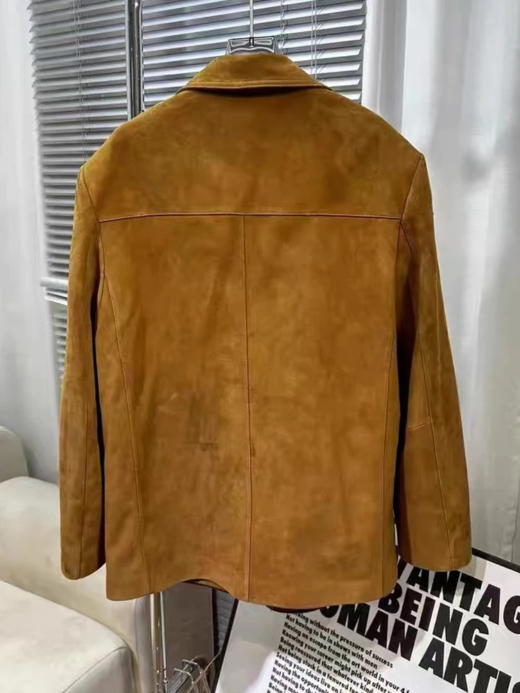 Vintage Brown Kid Suede Jacket for Women 2023 New High Sense Loose Oversized Leather Suit Blazer Female Casual Coat Streetwear