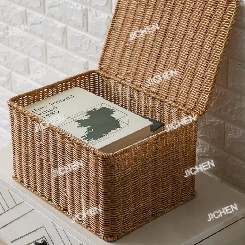 

XHX тканый ящик для хранения из искусственного ротанга с крышкой для одежды, органайзер для разных предметов, бытовой пластиковый ящик для домашнего хранения