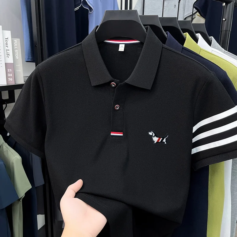luxury brand men's high quality short sleeves polo shirt lapel embroidery puppy cuff stripe t-shirt business leisure men's wear image 5