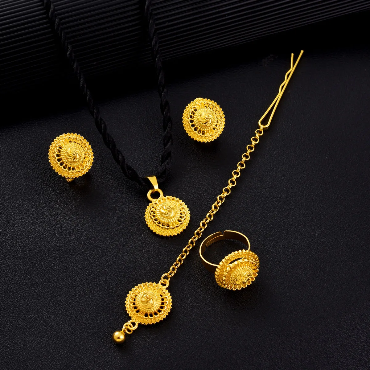 Golden Color Ethiopian Jewelry set Whirlwind Head Chain 4-Piece Sets African Eritrean Wedding Engagement Gifts #188