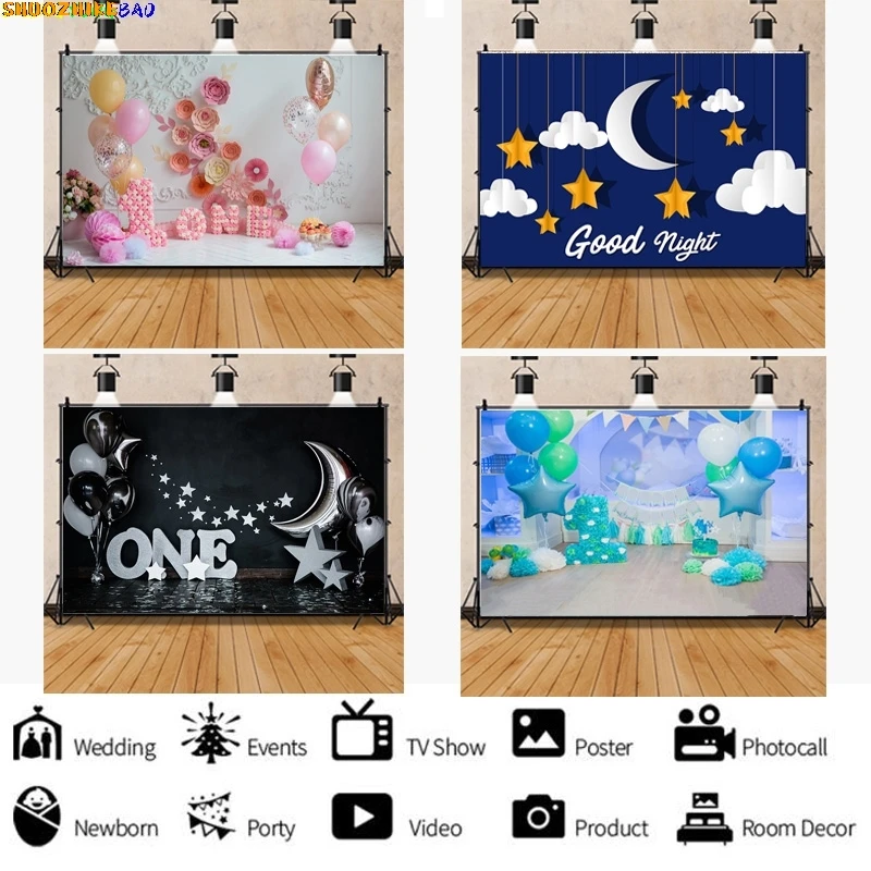 

Vinyl Newborn Baby Birthday Background First Birthday Party Balloon Flower Portrait Backdrop Photography Photo Studio LGH-06