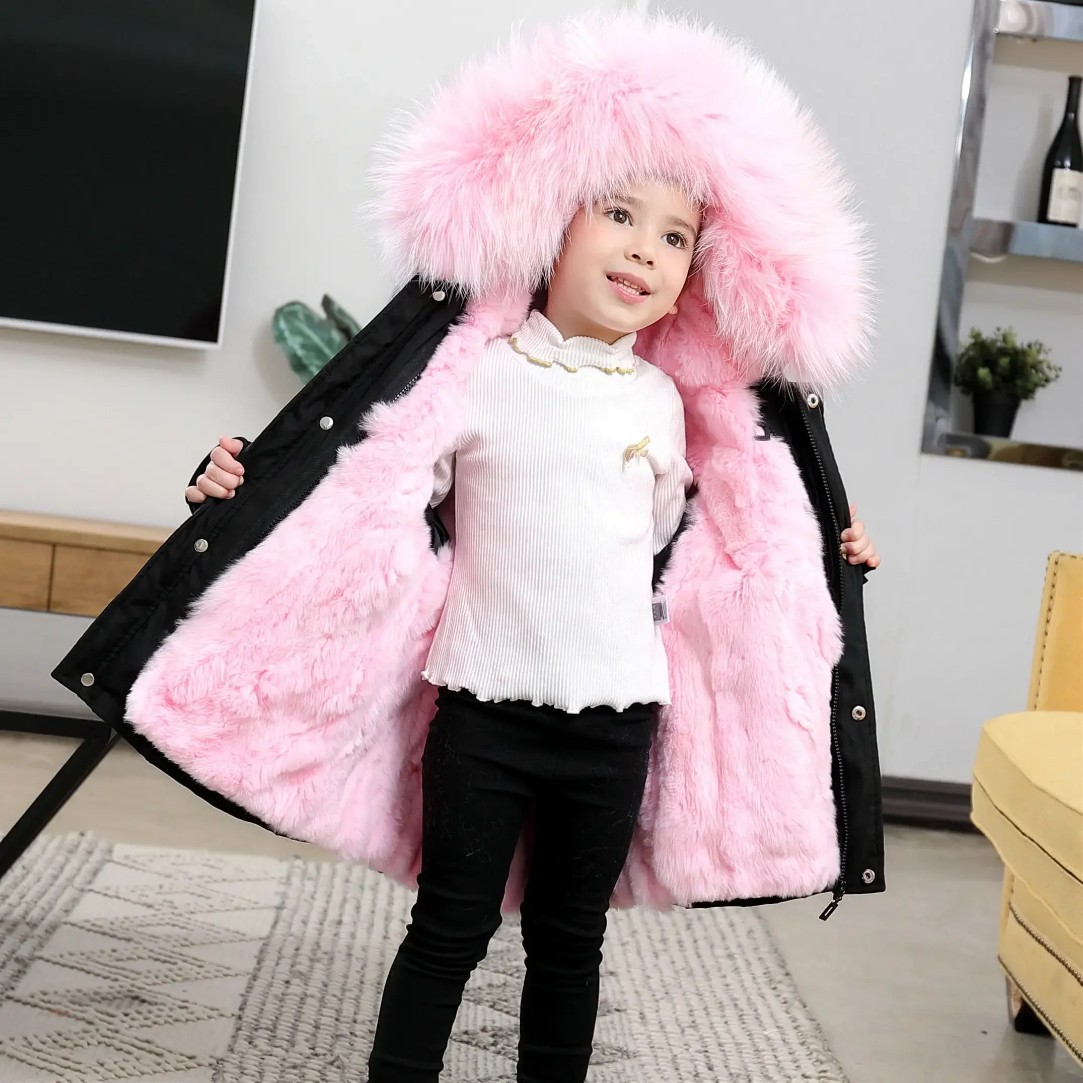 Children Winter Faux Fur Jacket Boy Girls Parka Snowsuit Teenager Kid Clothes Outerwear Detachable Imitation Furry Fox Fur Liner