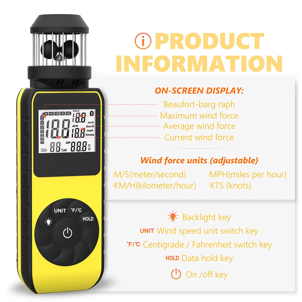 360 Rotation BT-881M Anemometer/Handheld Anemometer for Measuring Wind Speed Wind Direction Temperature with LCD Backlight