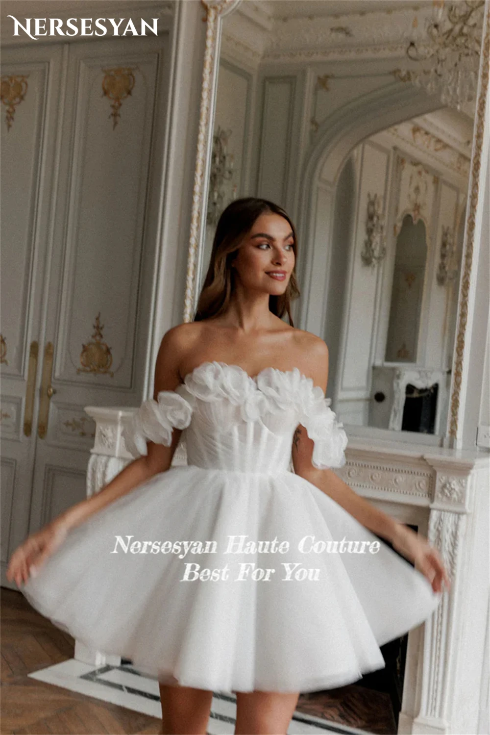 Nersesyan Puur Ruches 3d Bloemen Trouwjurken Off Shoulder A-Lijn Mini Rugloze Kanten Bruidsjurken Corest Vestidos De Novia