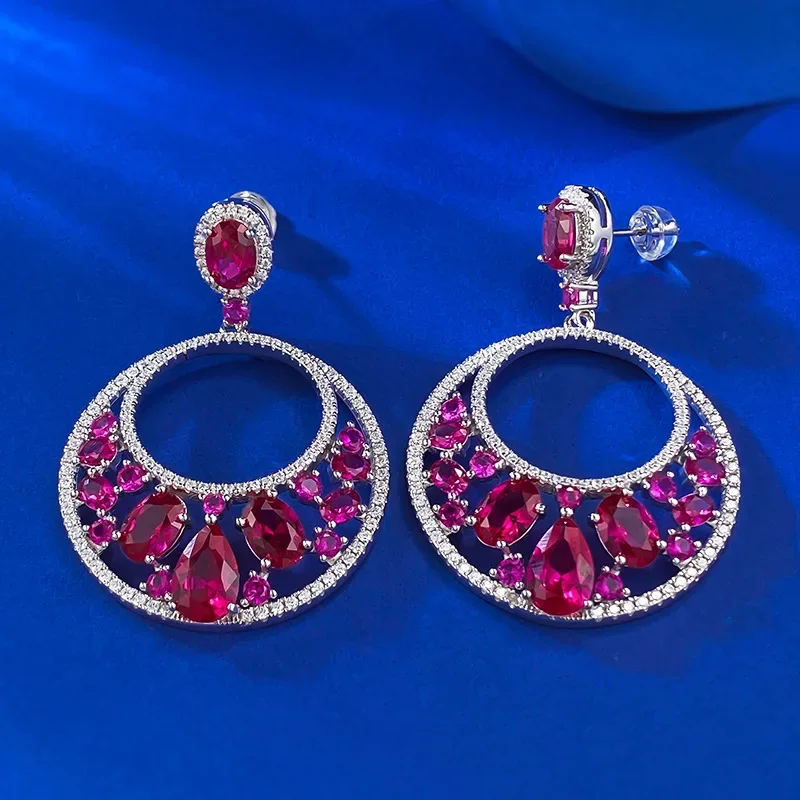 

New inlaid water droplet 6 * 9 pigeon blood red European and American luxury style ice flower s925 earrings Jewelry
