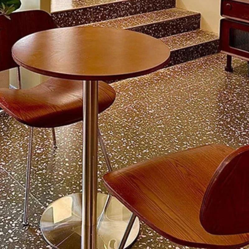 Meja kafe, meja bundar kayu walnut, meja stainless steel