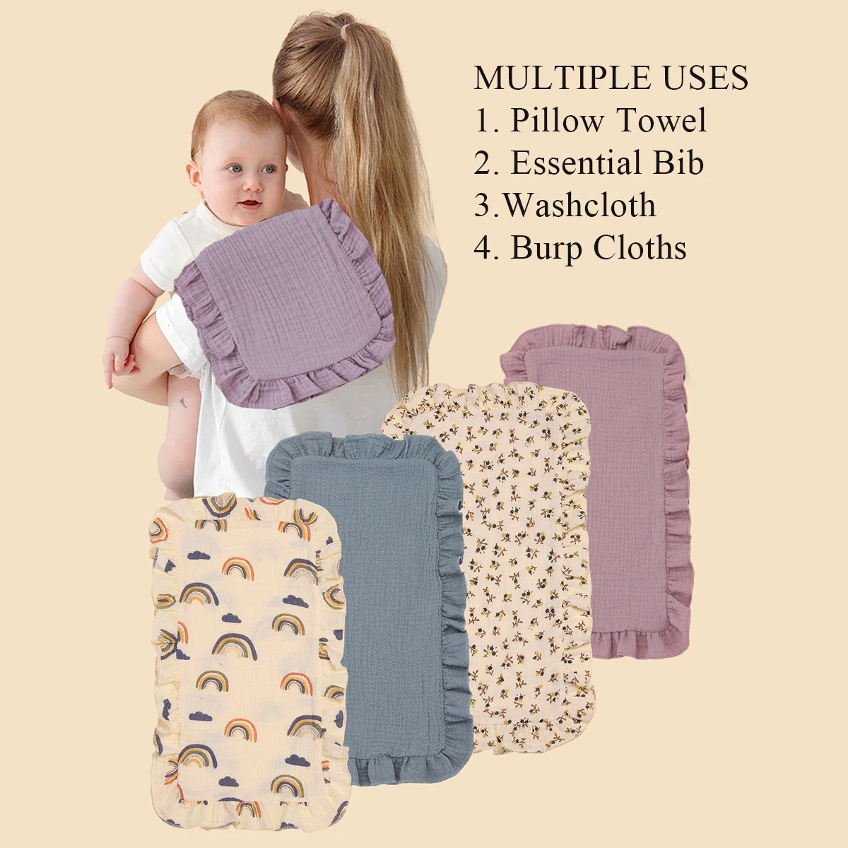 

4 pcs/set Soft Muslin Cotton Gauze Shoulder Rag Baby Burping Pad Ruffle Newborn Baby Burp clothes