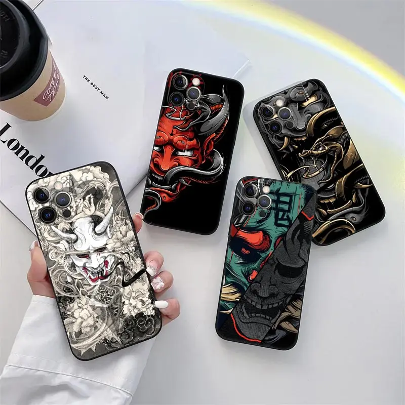 

Phone Case for iPhone 11 15 16 Pro Max Samurai Hannya Mask Ghost Tattoo Coque For Apple 13 Pro 14 Plus 12 Mini XS 7 8 Soft Cover