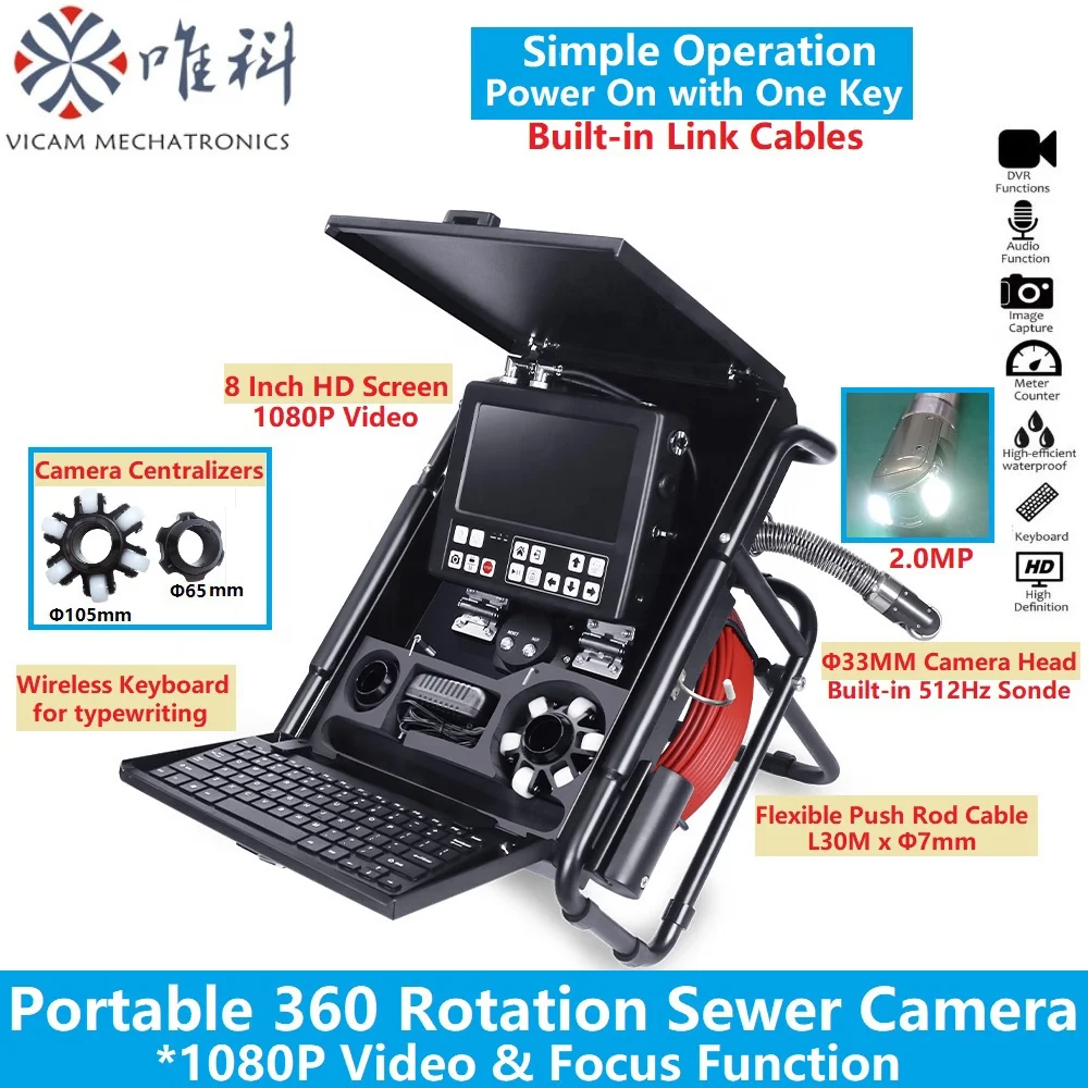 Portable 33mm 360 Rotation Sewer Camera 8 Inch Screen 1080P Pipe Inspection Camera 512Hz Sonde 30m Drain Pumbling Camera