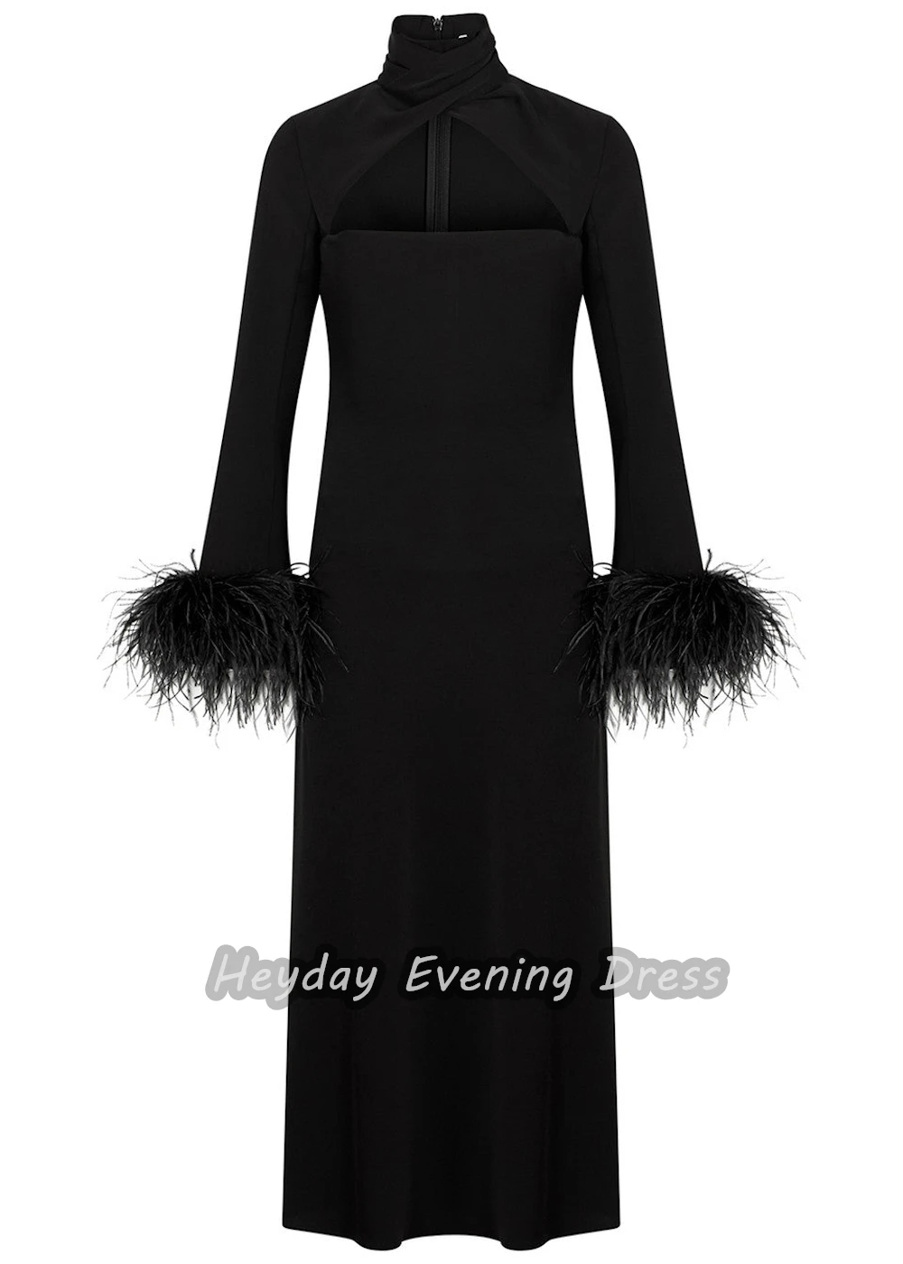 Heyday السعودية Feathers O-Neck Crepe Straight Long Sleeves Fashion Ankle Length Elegant Prom Dress For luxurious Woman 2024