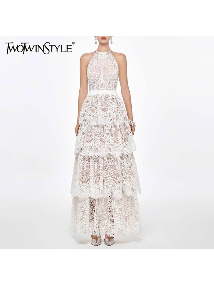 TWOTWINSTYLE Solid Spliced Hollow Out Slim Elegant Dresses for Women Round Neck Sleeveless Patchwork Zipper Dress Female Style