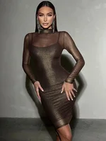 Mesh Dresses For Women Fashion Sexy Clubwear Long Sleeves Turtleneck Skinny See Through Hip Wrap Mini Vestidos Robes Female Fit