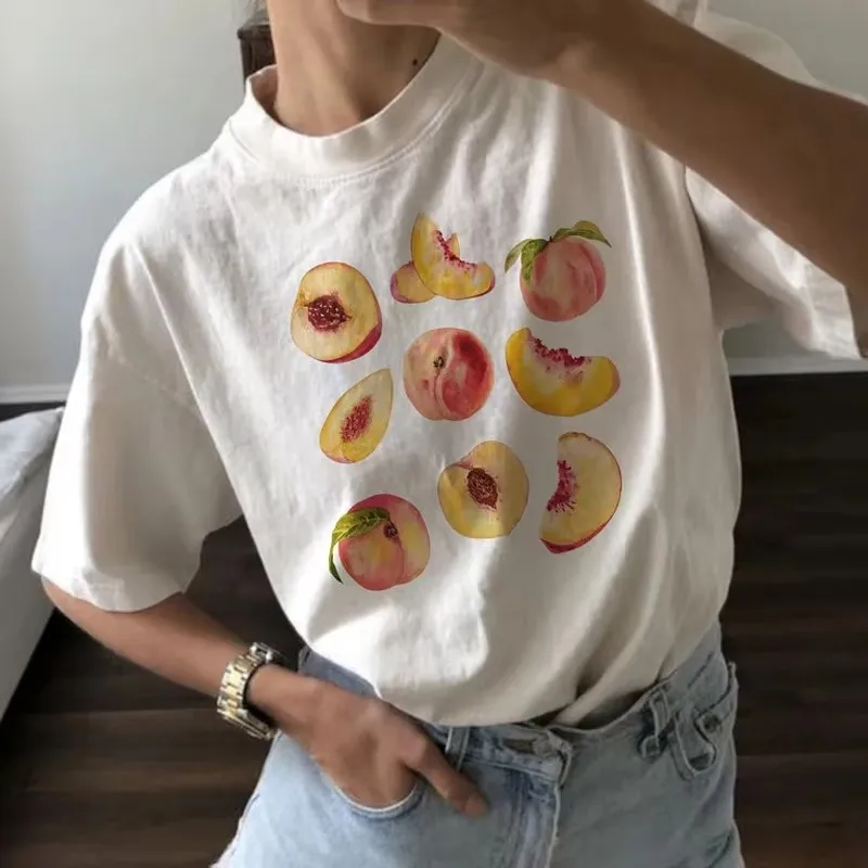 Vintage Peaches Printed Graphic Tees Women Cute Cottagecore Aesthetic T Shirts Y2k 2000s Short Sleeve Female Retro Grunge