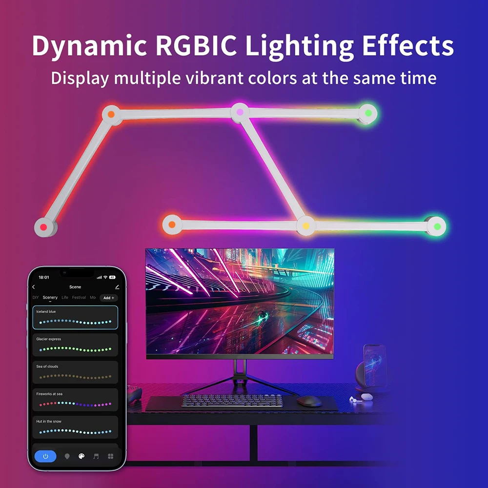 WIFI Smart Wall RGB Lights Bar Stepless Dimming LED Light Bar Music Sync and Voice Control App Control for Home Decor Gaming