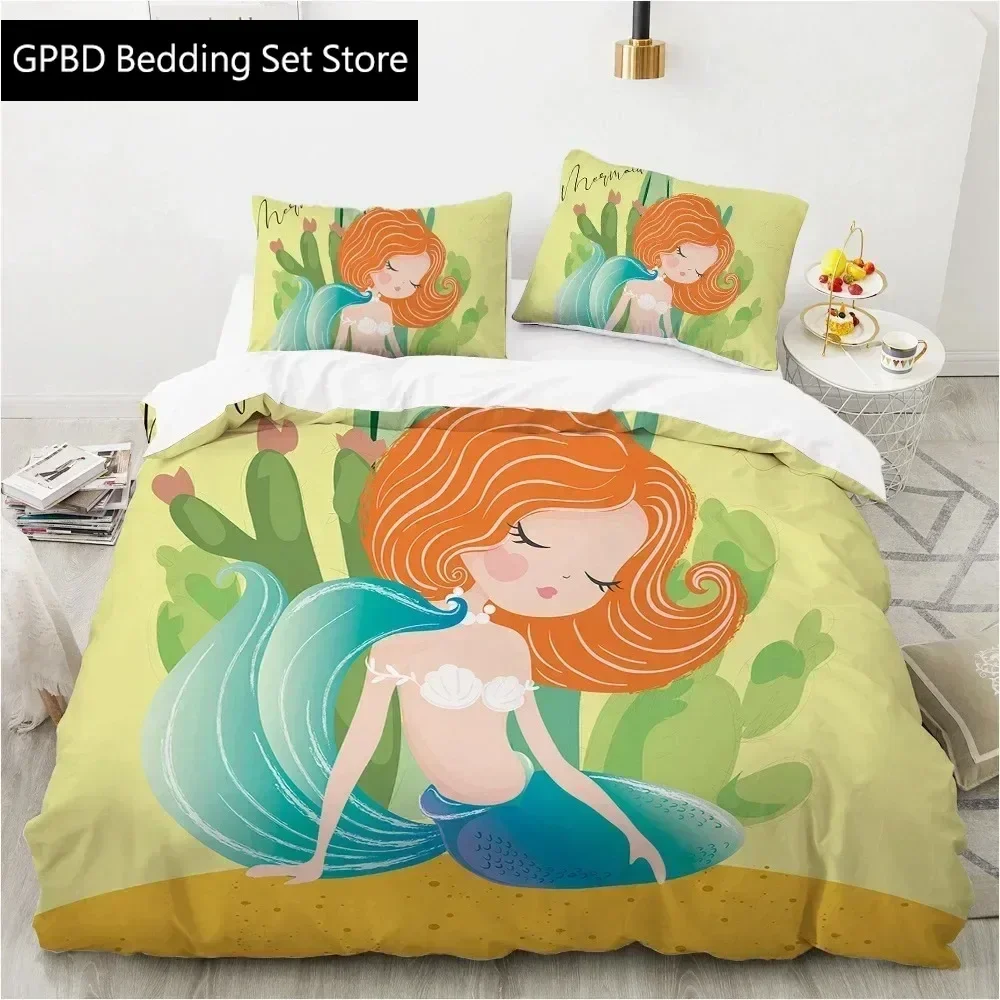 3D Cartoon Mermaid Girl King Queen Duvet Cover Beautiful Lovely Mermaid Princess Print Bedding Set Polyester Quilt Cover