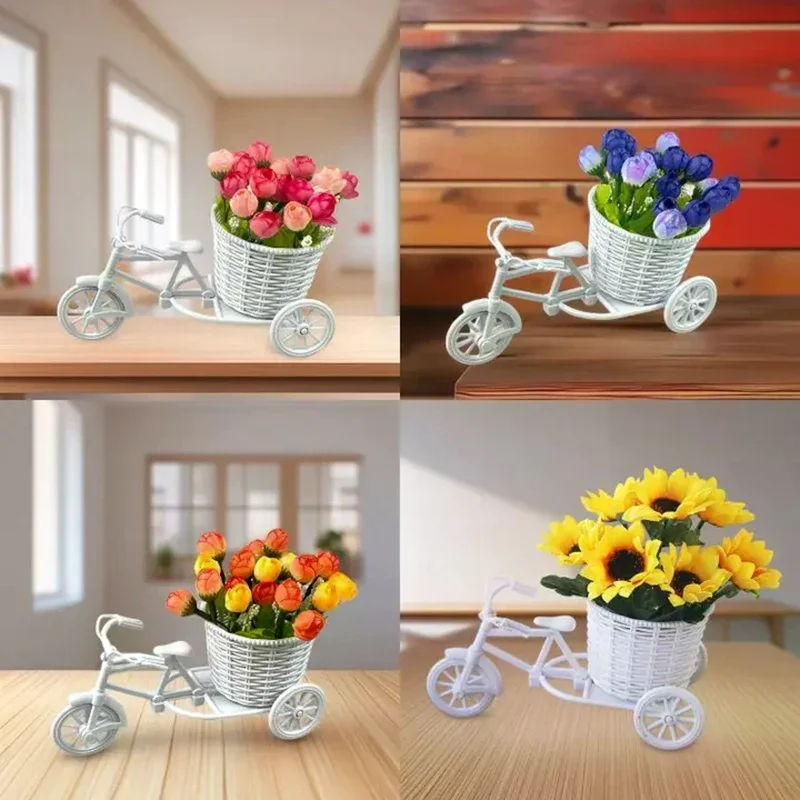 Symulacja kwiatów, dekoracje, kosz z rattanu na kwiaty, trójkołowy rower, model roweru, dekoracja domu, ogrodu, na wesele, romantyczna i urocza.