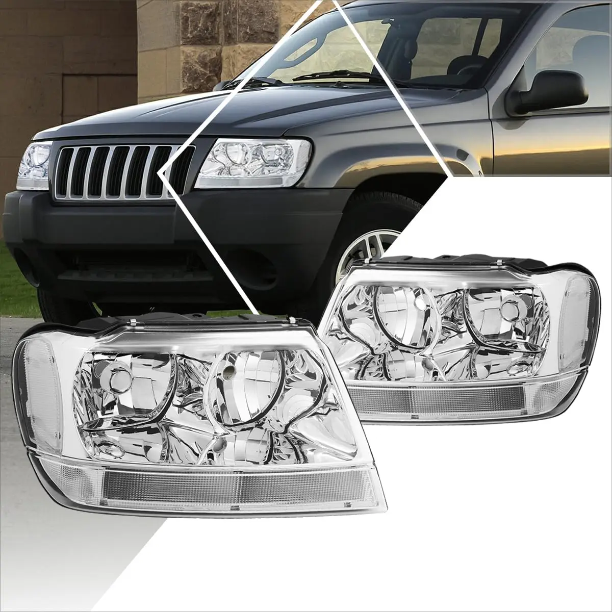 

Пара комплектов для сборки фар, совместимый с Jeep Grand Cherokee WJ 99-04, хромированный корпус/прозрачный угол