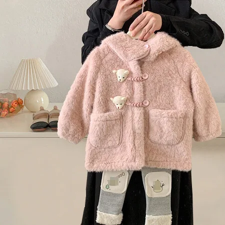 Autumn Winter Children Girl Woolen Coat Solid Bear Ear Print Baby Girl Jackets Fleece Faux Fur Warm Little Girl Long Coat Gloves