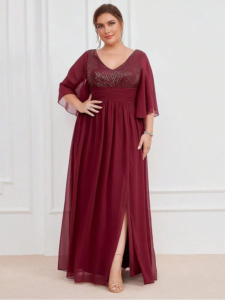 Plus Size 4xl Sequin Purple Short-Sleeved Chiffon Maxi Wedding Banquet Big Size Long Sparkling Evening Dress For Women 4xl 5xl