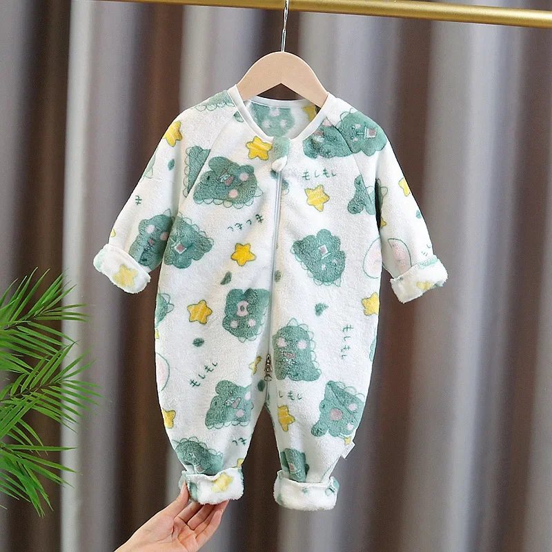 New Boy Fall Winter Thicken Coral Double Fleece Onesie Girl Pajama Baby Crawling Clothe Padded Sleeping Bag Outwear Fit Jumpsuit