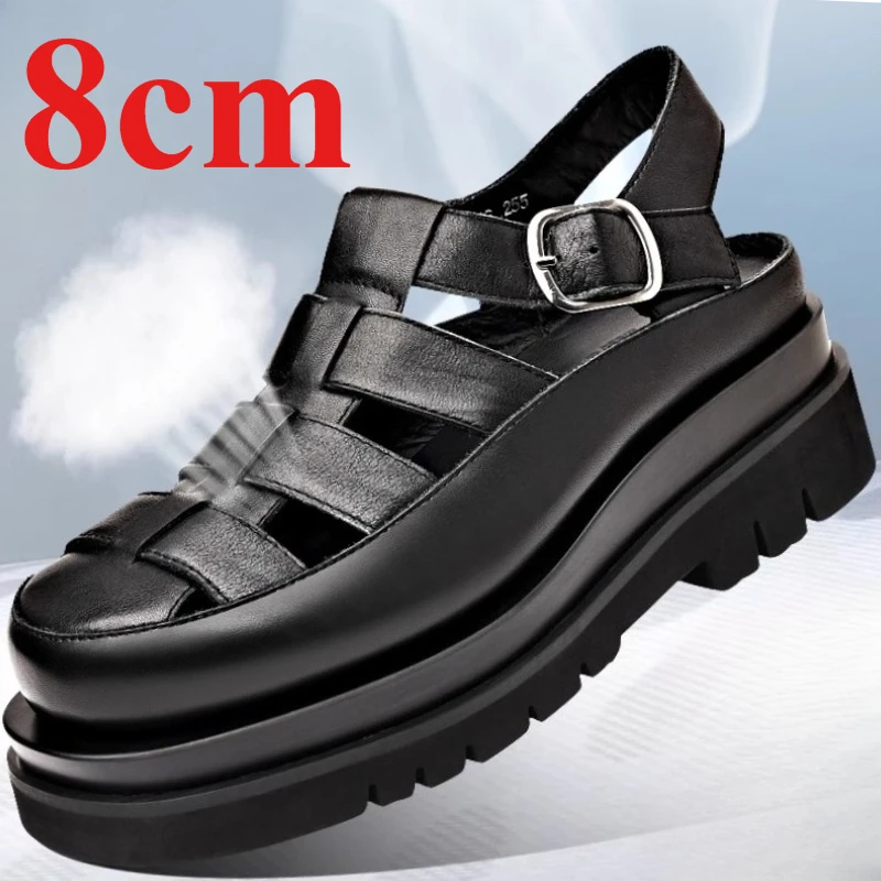 Summer Hole Sandals Men's 8cm Elevated Shoes Genuine Leather Thick Bottom Height Increasing Sandals Comfortable Beach Shoes