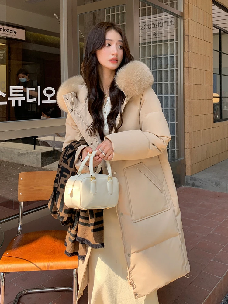 Estilo coreano engrossado para baixo jaqueta feminina 2023 inverno nova alta qualidade gola de pele de raposa quente solto moda pato branco puffer casaco