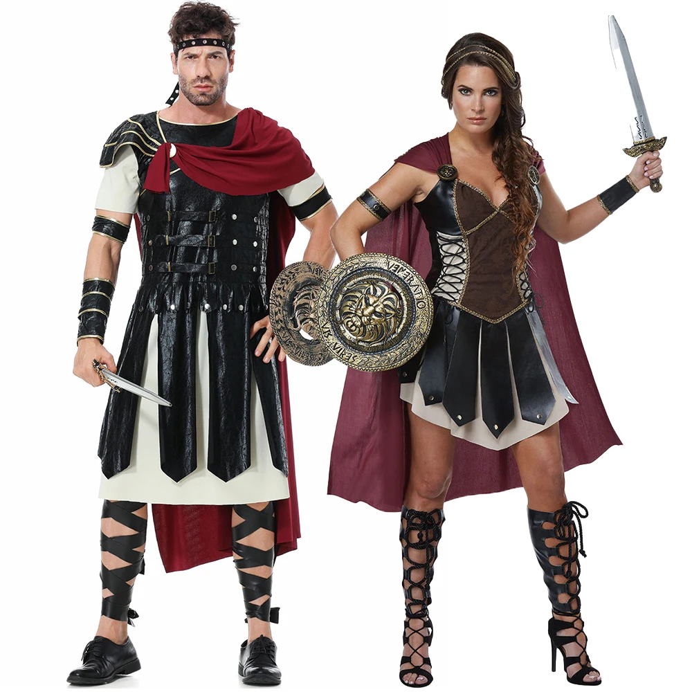 Starożytny rzymski spartański wojownik Gladiator Cosplay mundur dla kobiet i mężczyzn rycerz Xena księżniczka cezara pokaz sceniczny kostium na Halloween