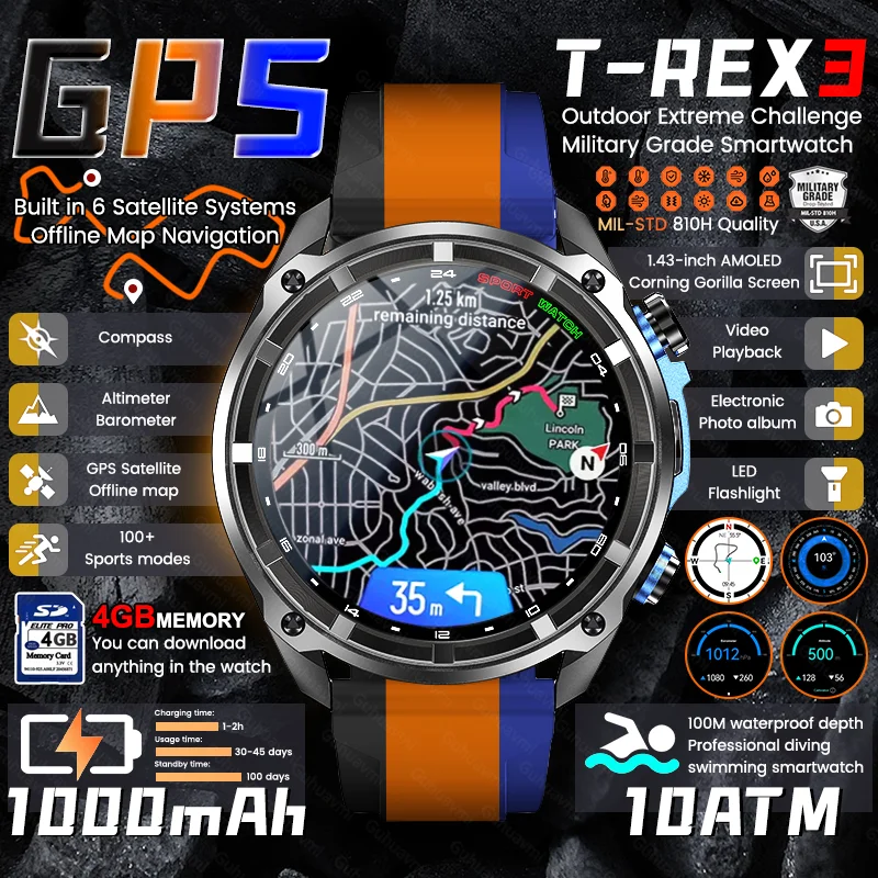 2025New hommes militaire GPS carte montre intelligente T-Rex3 boussole 4GB mémoire 1000mAh batterie 10ATM étanche HD Bluetooth appel Smartwatch