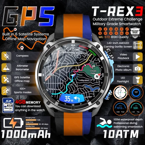 2025New Hombres Militar Gps Mapa Reloj Inteligente T-Rex3