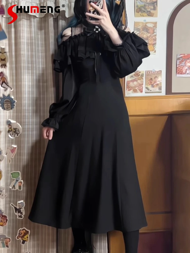 

Original Japanese Dark Lolita Black Dress Lace Spliced Off-Shoulder Long Sleeve High Waist Slim A-line Simple Retro Dress Women