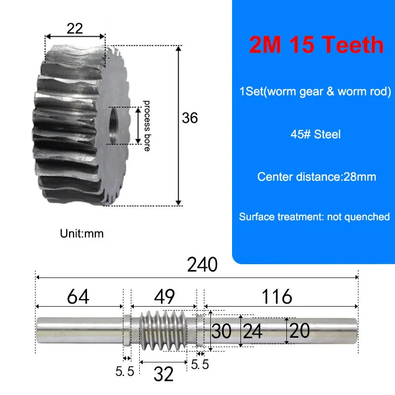 1Set 2Mod 2.5Mod 3Mod Precision Turbine Worm Gear And Worm Rod 45# Steel Transmission Accessories Customized Model