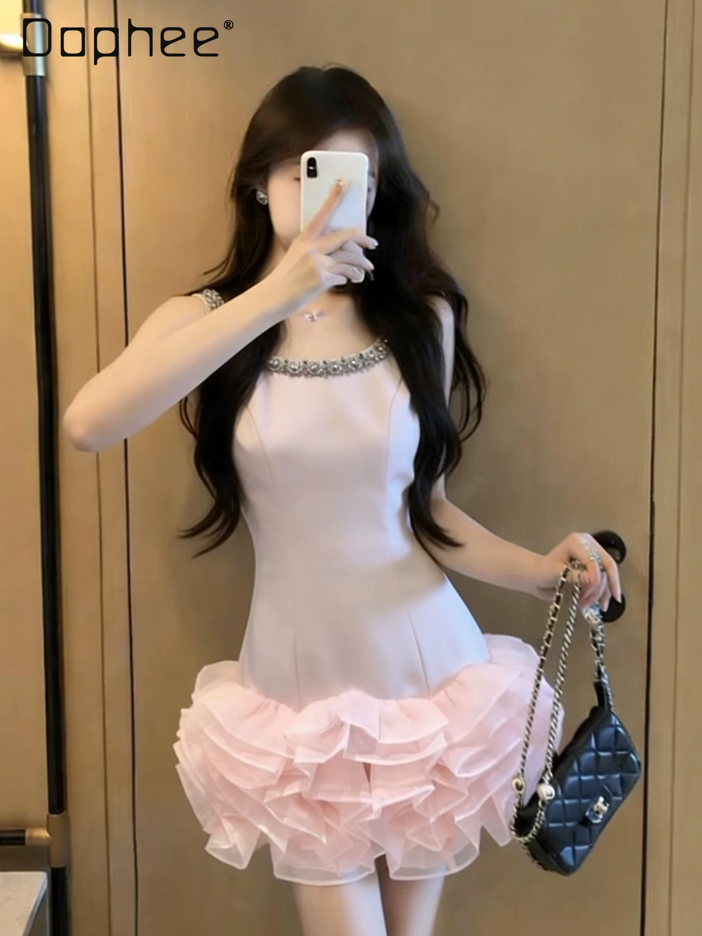 

Celebrity Style Light Luxury Satin Nail Diamond Suspender Dress Female Sweet Temperament Bud Dresses High Waist Slim Mini Dress