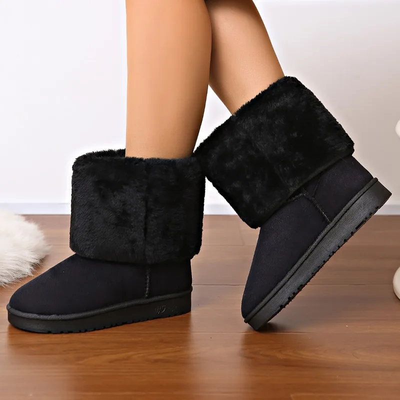 Botas de neve de sola plana para mulheres, isolamento de lã, sapatos antiderrapantes, cor sólida, inverno, venda quente