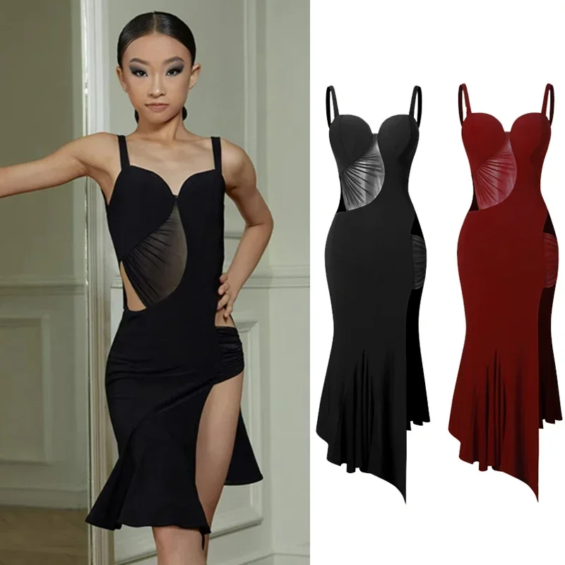 

Kids Latin Dance Dress Girls Irregular Black Dress Rumba Ballroom Dance Practice Clothes Latin Dance Competition Dress DNV18546