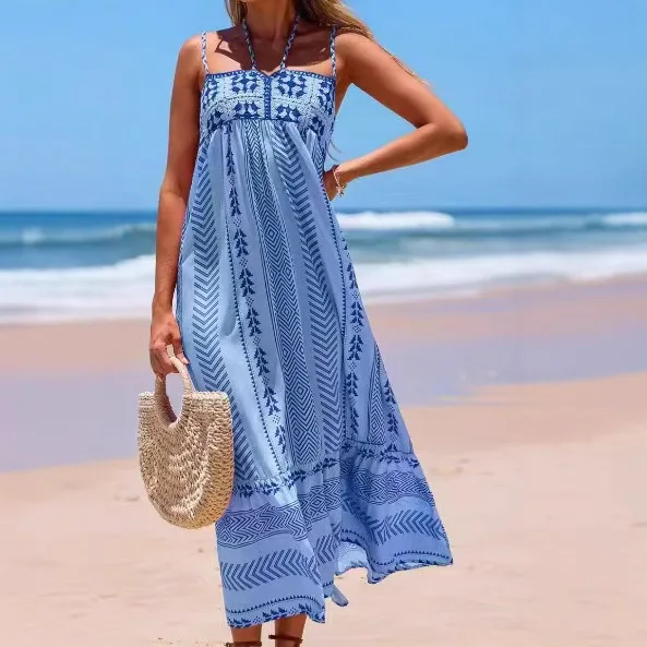 طباعة فستان نسائي مطرز بلا أكمام فستان بدون ظهر ميدي فضفاض برباط زلة فساتين فستان الشاطئ #3
