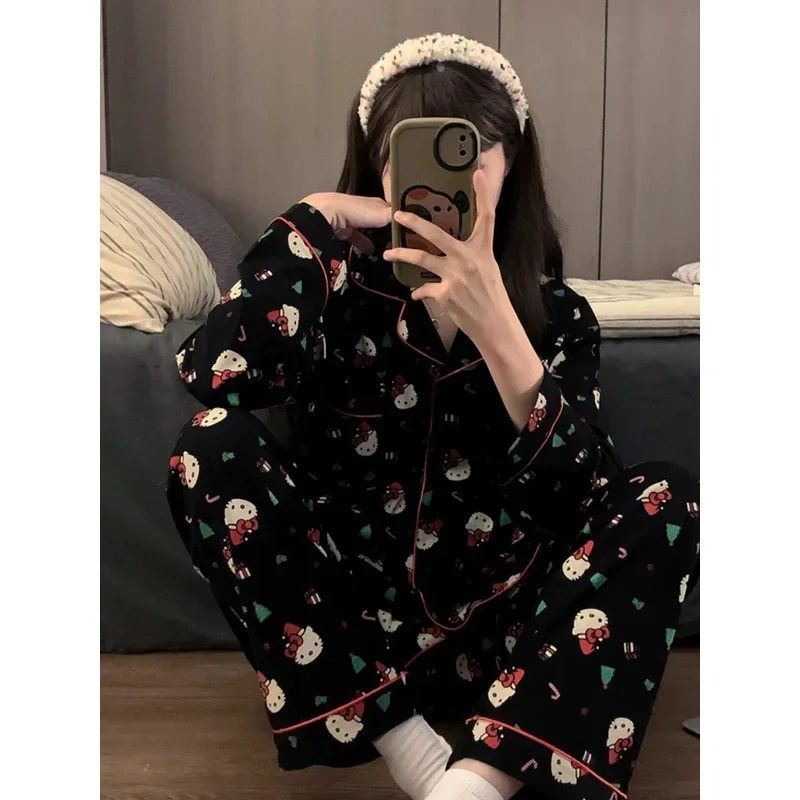 2 unids/set Navidad Hello Kitty conjunto de pijama Anime lindo mujer ropa de hogar pijamas casuales de dibujos animados pareja ropa de dormir ropa de descanso
