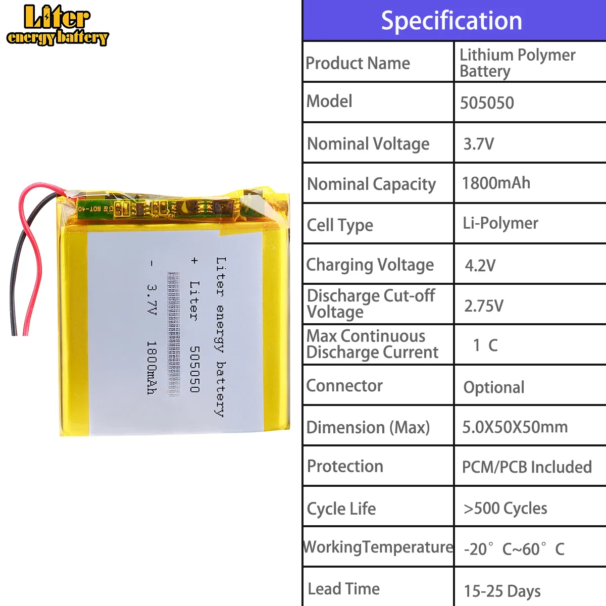 504760 1800mah 505050 1800mah 505060 2000mah 505068 2500mah 505090 3000mah 3.7V Polymer Lithium Battery